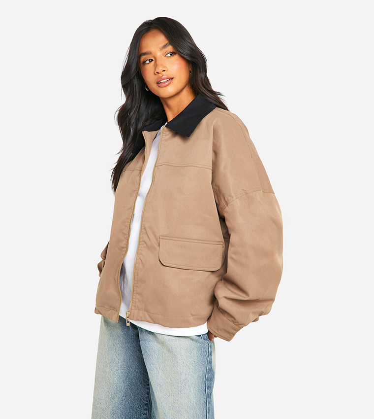 Buy Boohoo Petite Contrast Collar Oversized Harrington Jacket In