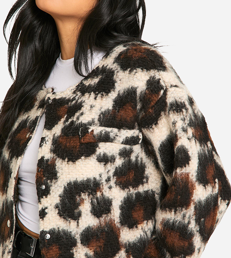 Buy Boohoo Petite Leopard Print Wool Look Bomber Jacket In Leopard