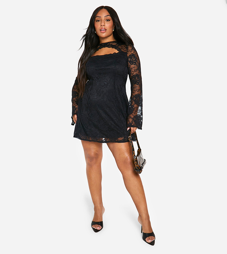 Buy Boohoo Curve Lace Flared Sleeves Skater Dress In Black | 6thStreet UAE