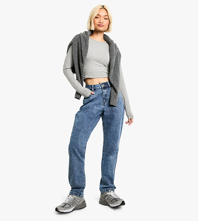 Buy Boohoo High Waist Slim Fit Mom Jeans In Blue 6thStreet Qatar