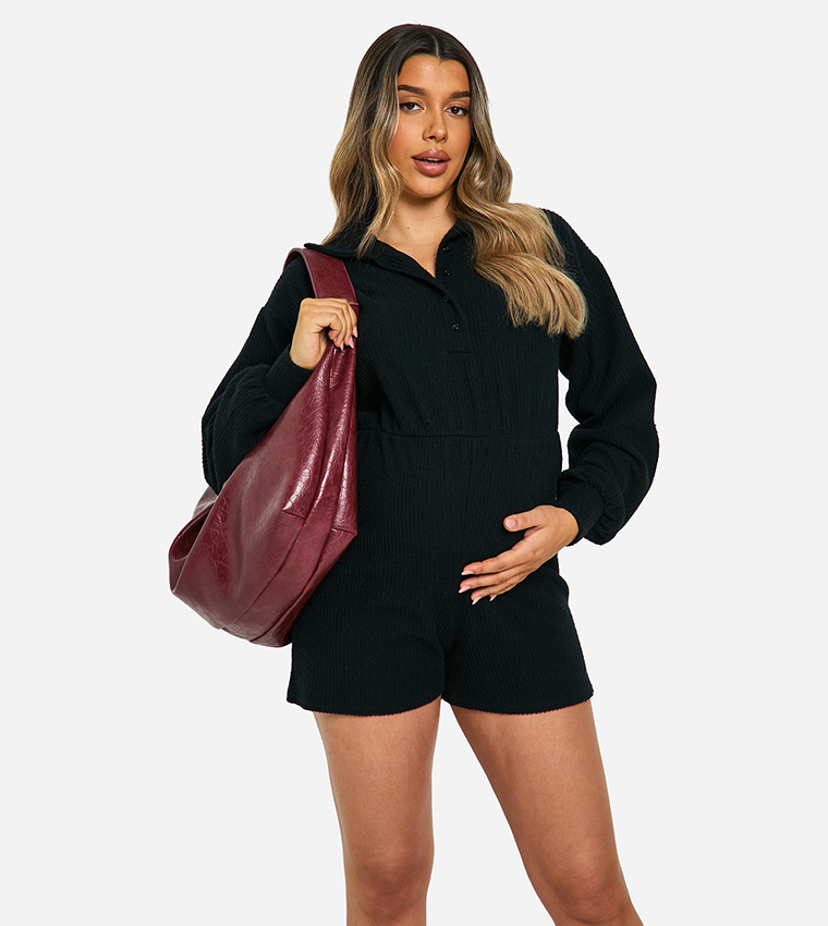 Buy Boohoo Maternity Ribbed Oversized Collared Playsuit In Black