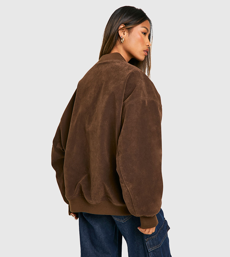 Vintage Suede Look Oversized Bomber Jacket