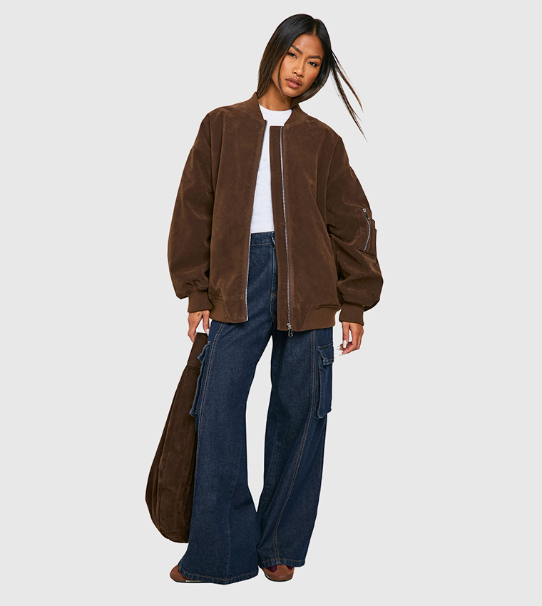 Vintage Suede Look Oversized Bomber Jacket