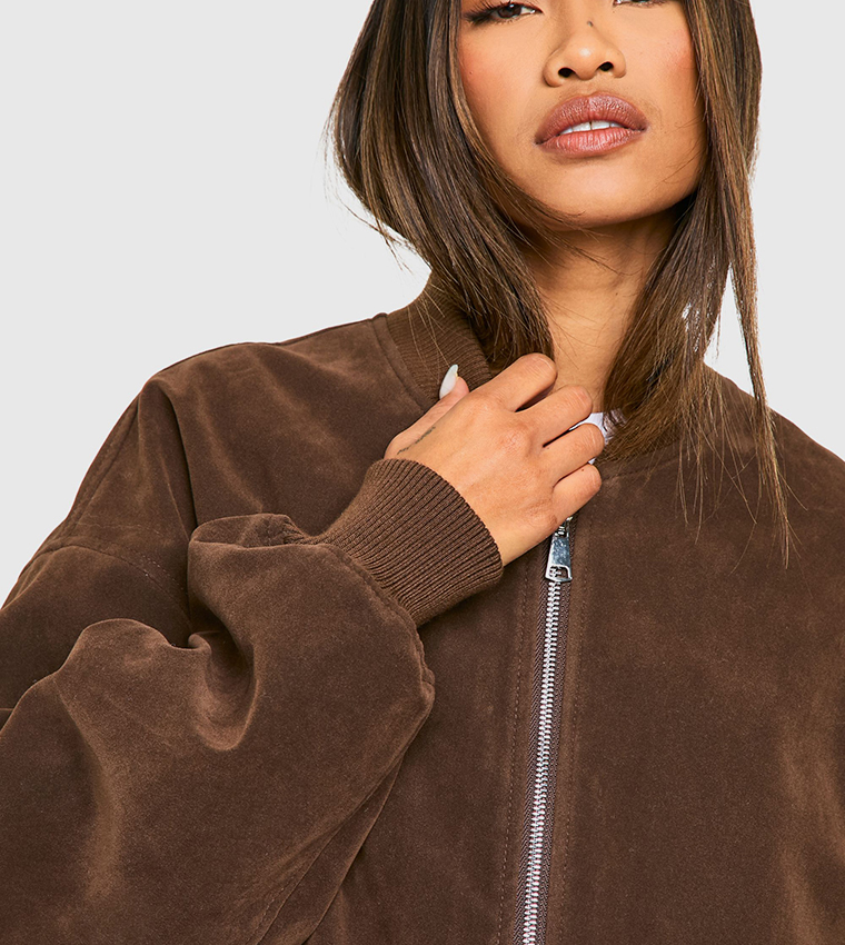 Vintage Suede Look Oversized Bomber Jacket