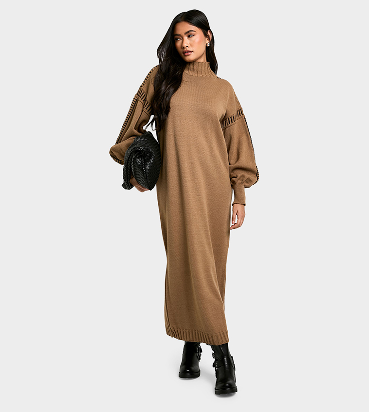 Buy Boohoo Blanket Stitch Detail Oversized Maxi Sweater Dress In Brown |  6thstreet Saudi Arabia