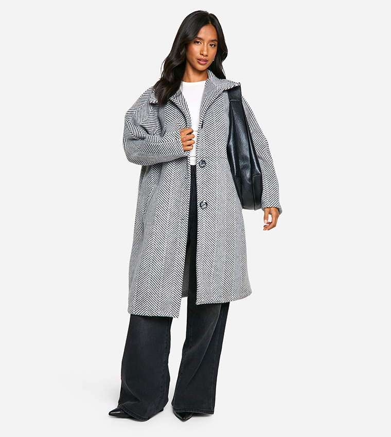 Petite Herringbone Checkered Wool Look Coat