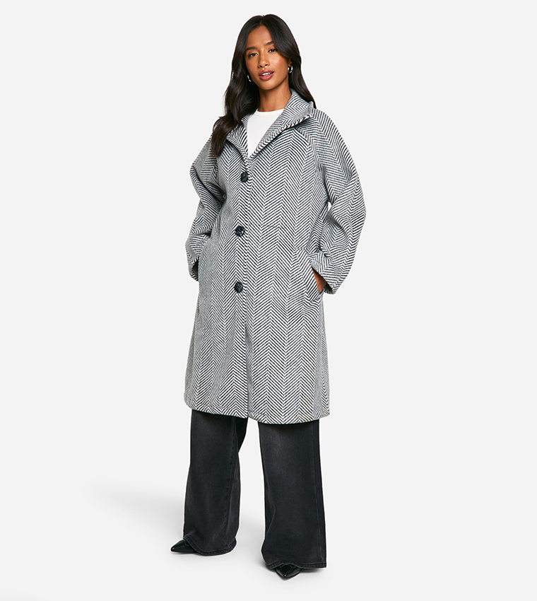Petite Herringbone Checkered Wool Look Coat