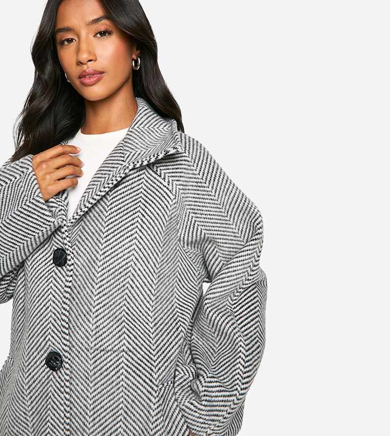 Petite Herringbone Checkered Wool Look Coat