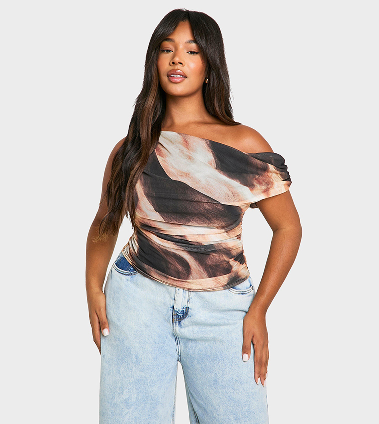 Curve Abstract Asymmetric Ruched Top