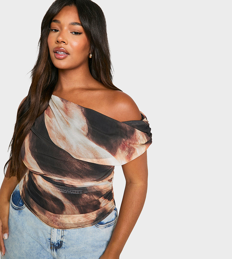 Curve Abstract Asymmetric Ruched Top