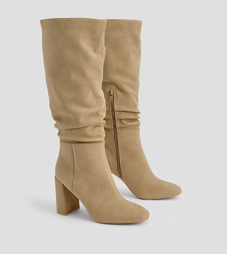 Ruched High Block Heeled Knee High Boots