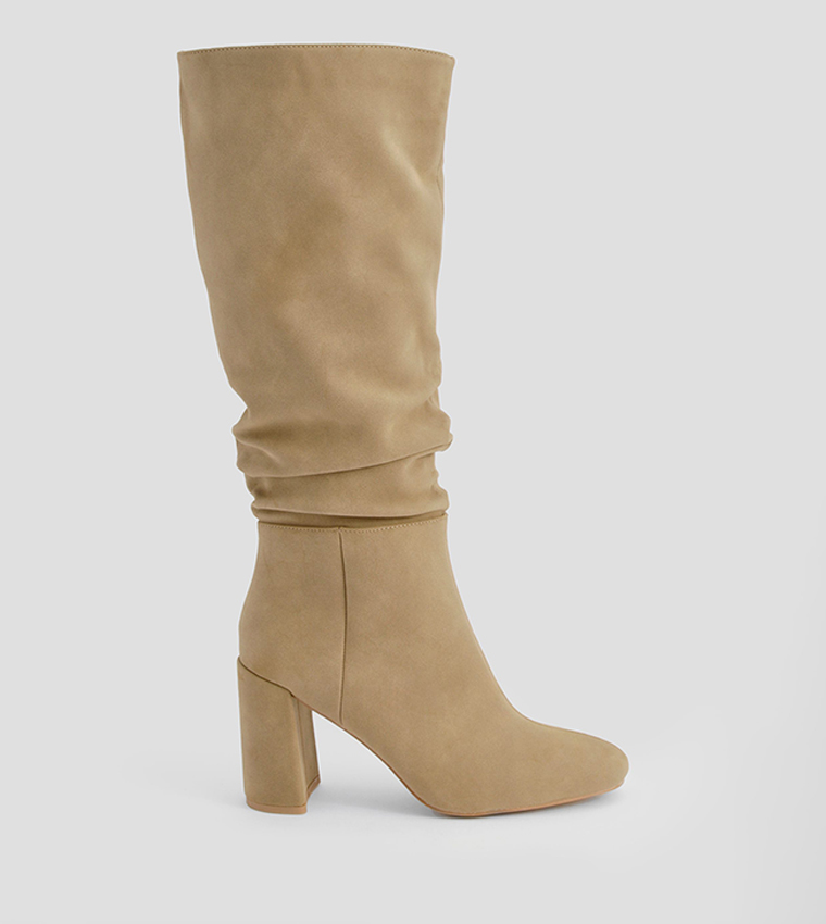 Ruched High Block Heeled Knee High Boots