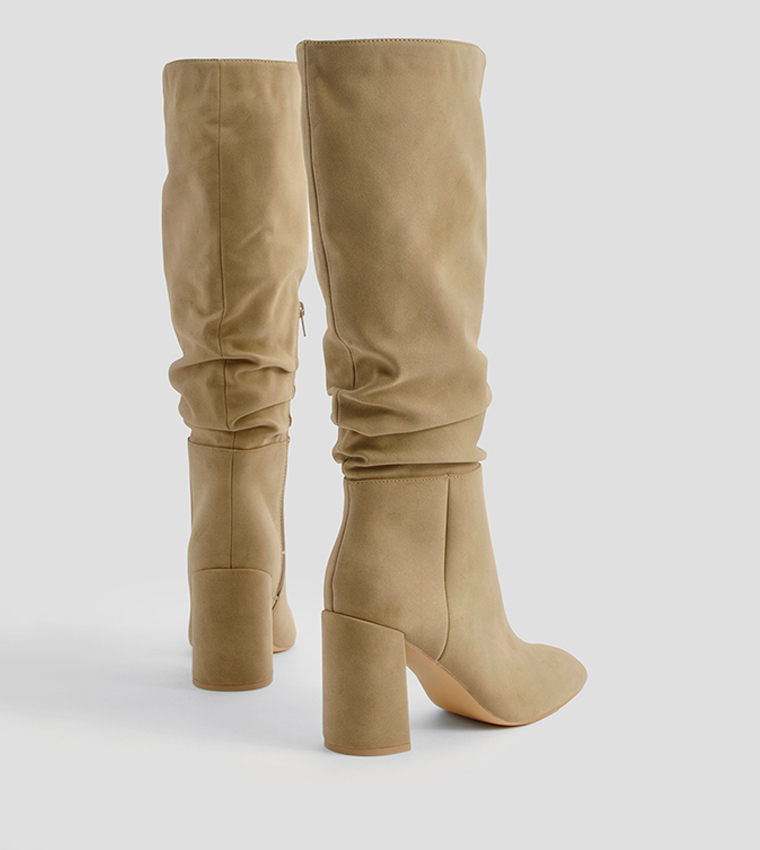 Ruched High Block Heeled Knee High Boots