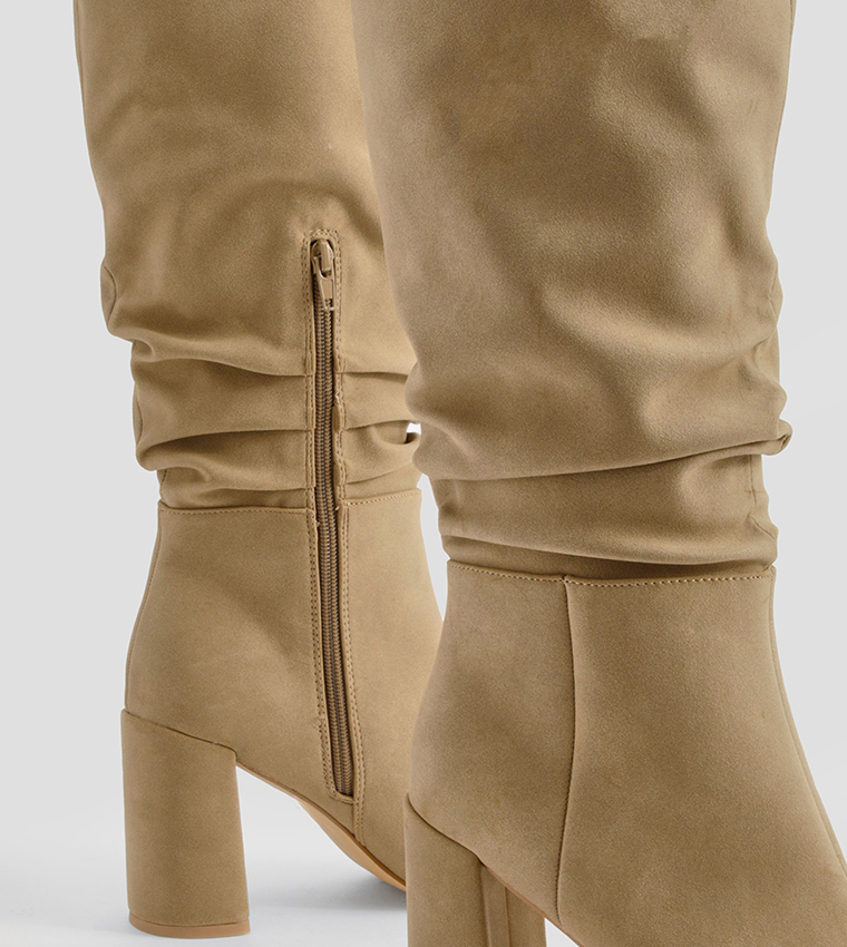 Ruched High Block Heeled Knee High Boots