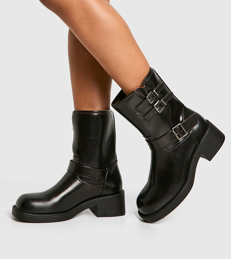 Vintage Style Buckle Detail Biker Boots