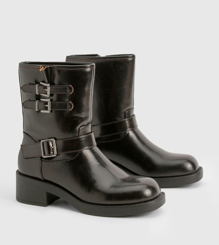 Vintage Style Buckle Detail Biker Boots