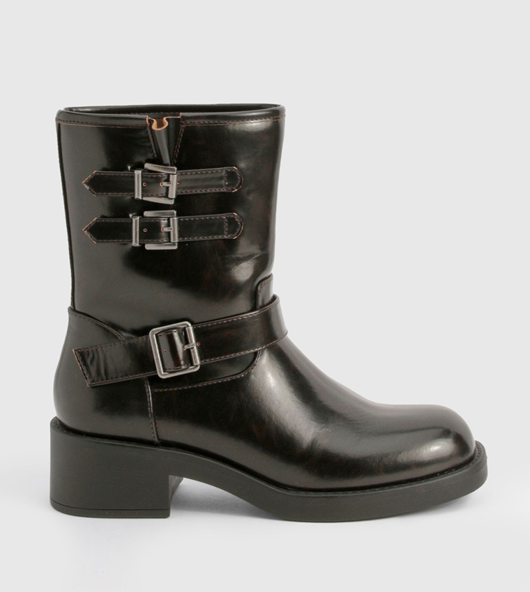 Vintage Style Buckle Detail Biker Boots