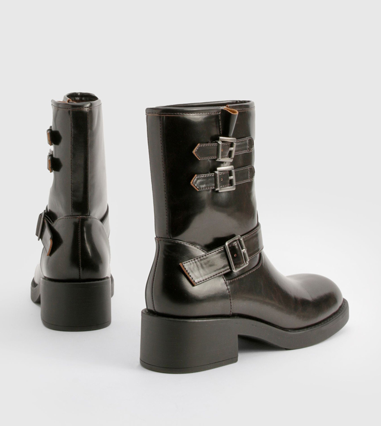 Vintage Style Buckle Detail Biker Boots