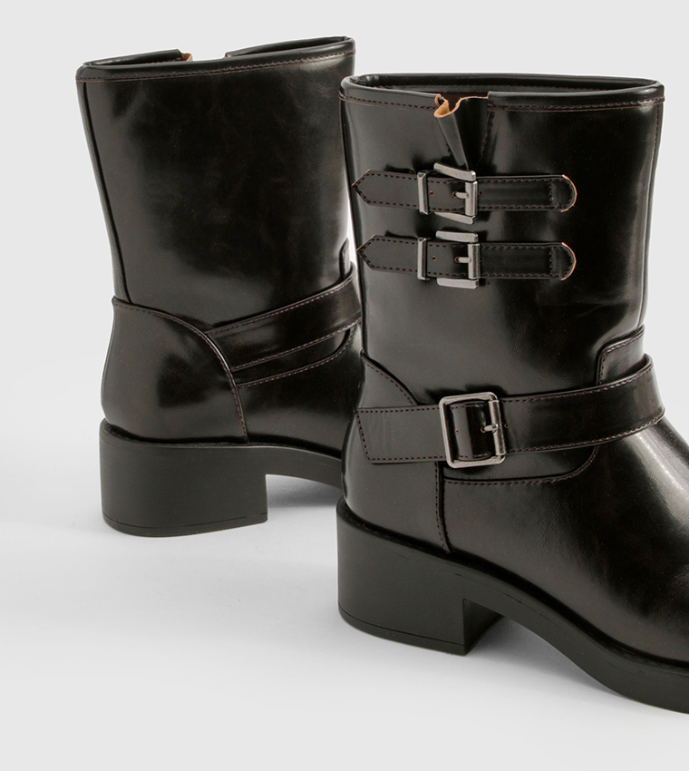 Vintage Style Buckle Detail Biker Boots