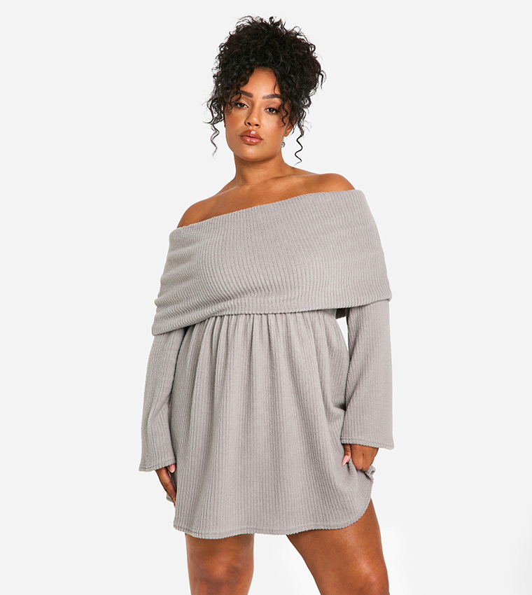 Buy Boohoo Curve Brushed Ribbed Off Shoulder Skater Mini Dress In