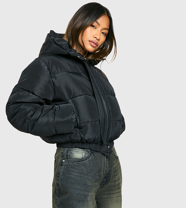 Cropped Puffer Black Puffer Coat Boohoo Buy Boohoo Hooded