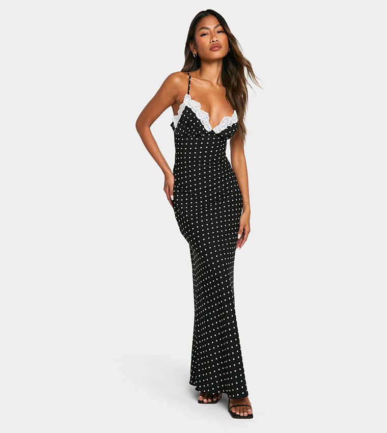 Buy Boohoo Polka Dots Strappy Lace Trim Maxi Dress In Black