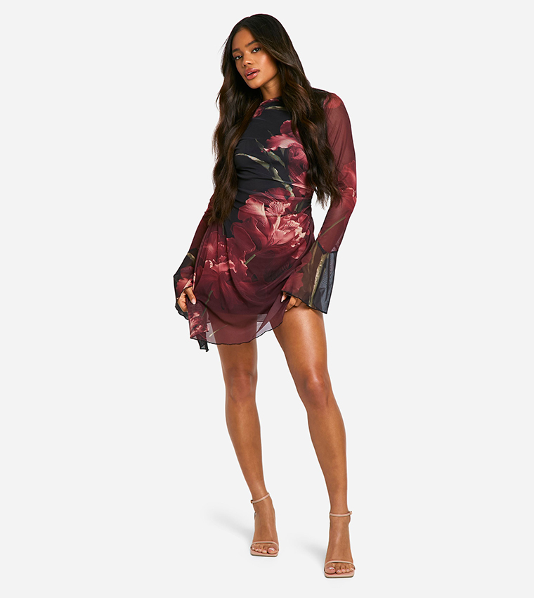 Floral Mesh A Line Mini Dress