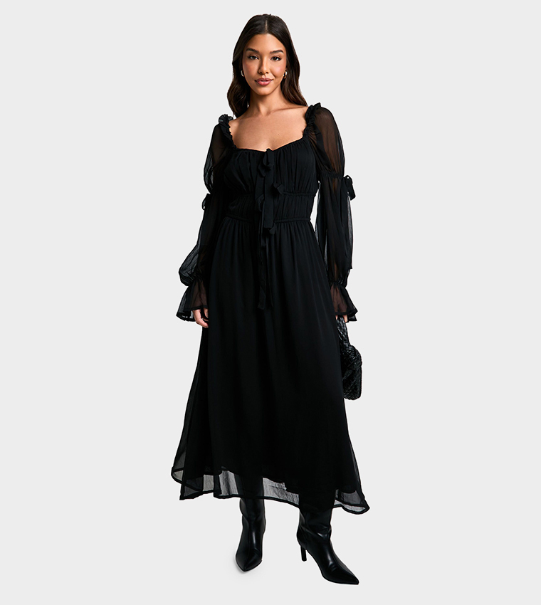 knee length dresses for ladies CurveWow Floral Milkmaid Midi Dress Black  Curvewow