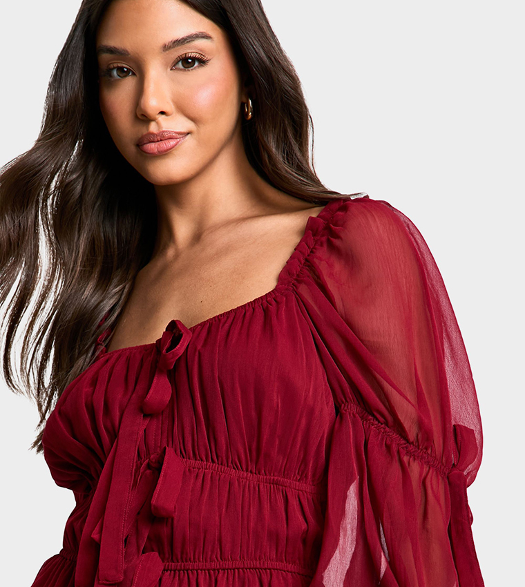 open lace back dress Astonish | Red Long-Sleeve Embellished Square-Neck Mini Dress with Volume Skirt main image 0
