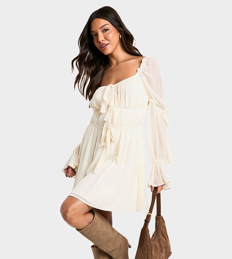 chiffon milkmaid dress France White Chiffon Mesh Vintage Broderie Ruffle Milkmaid Retro Crochet White B