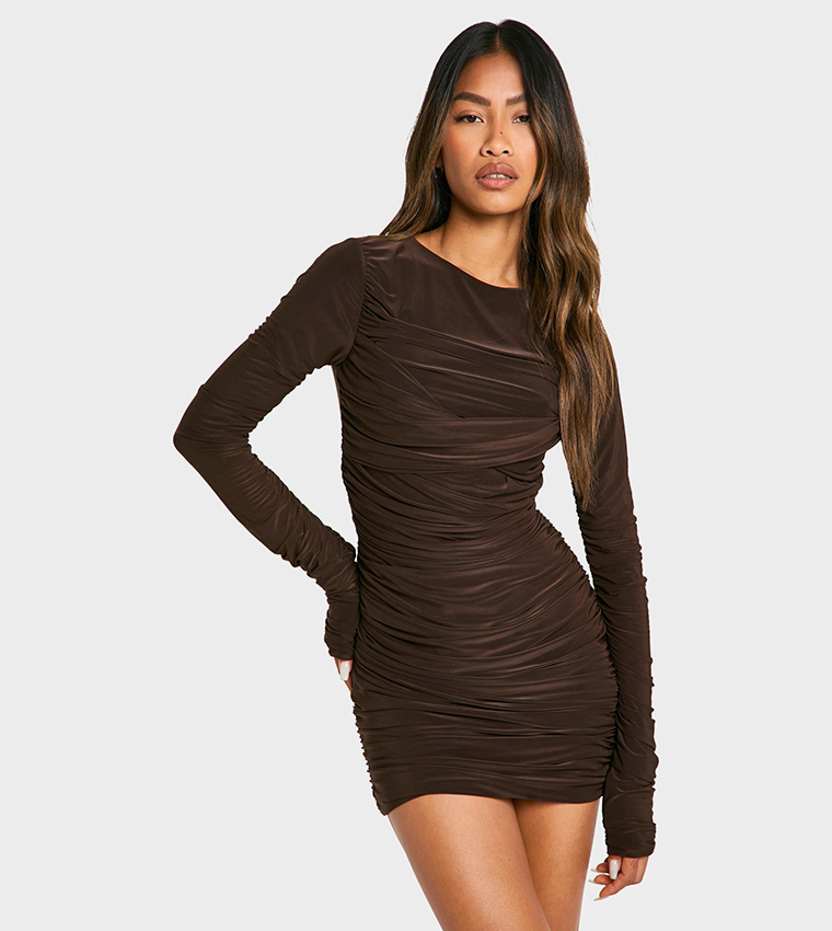 Slinky Twist Detail Ruched Mini Dress - Non Returnable