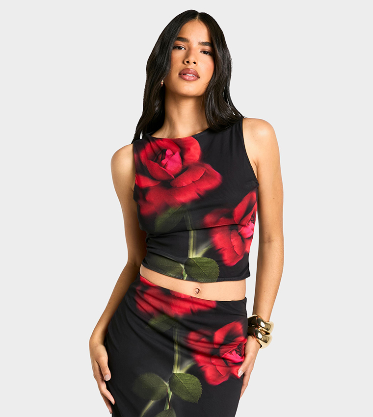 Boohoo Red Mesh Crop Top Buy Boohoo Rose Print Mesh Crop Top In