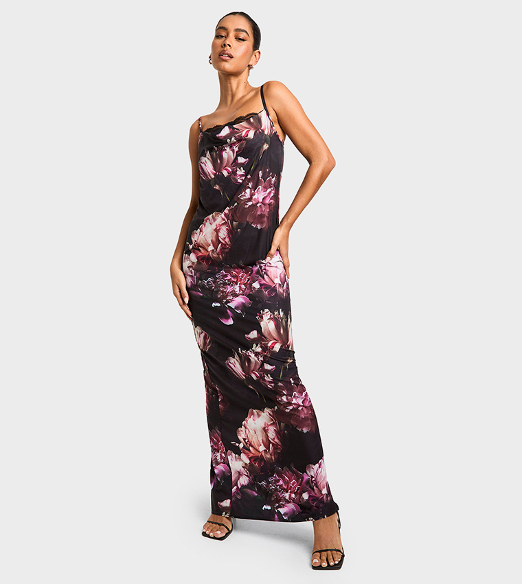 Floral Print Lace Trim Maxi Dress