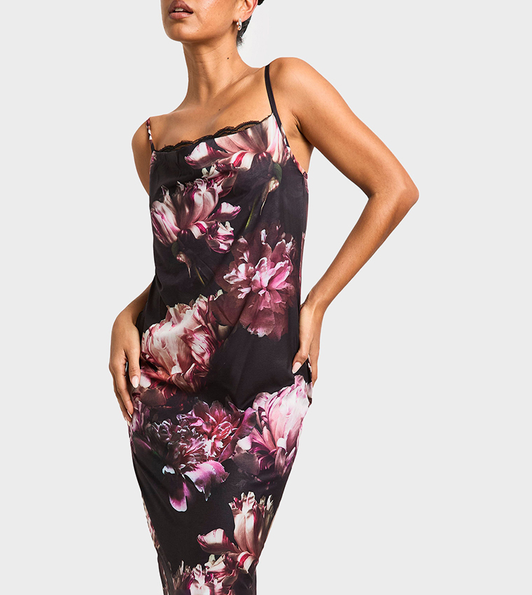 Floral Print Lace Trim Maxi Dress