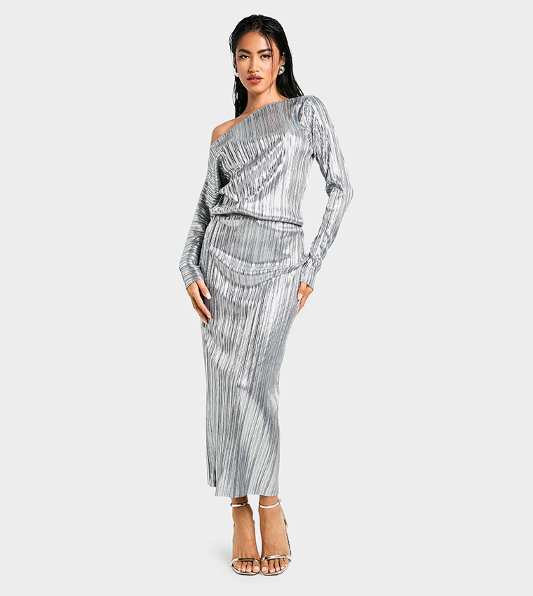 Asymmetric Neck Metallic Foil Maxi Dress