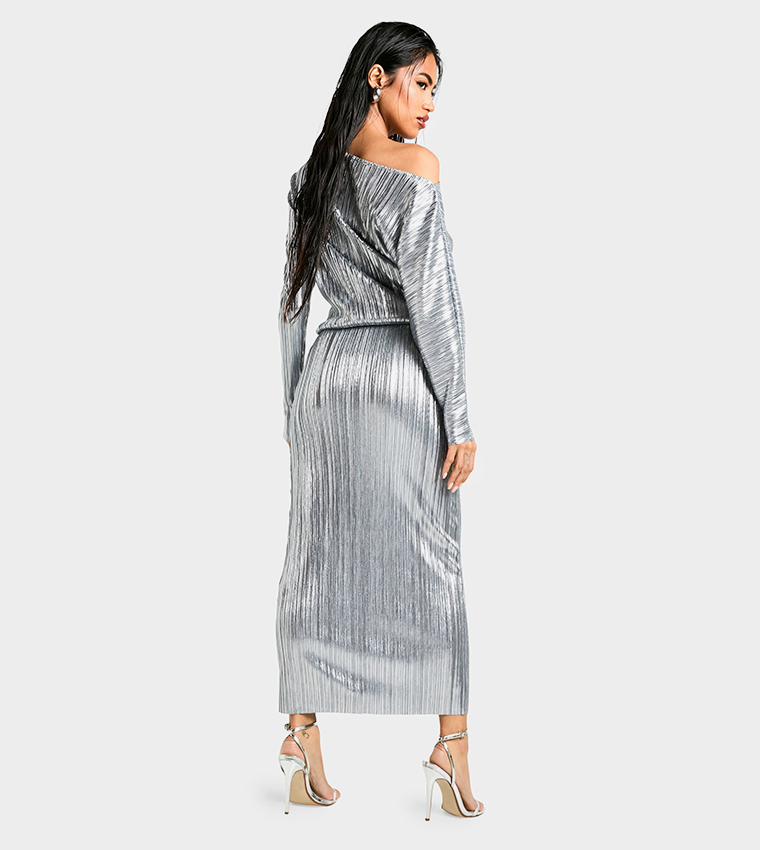 Asymmetric Neck Metallic Foil Maxi Dress