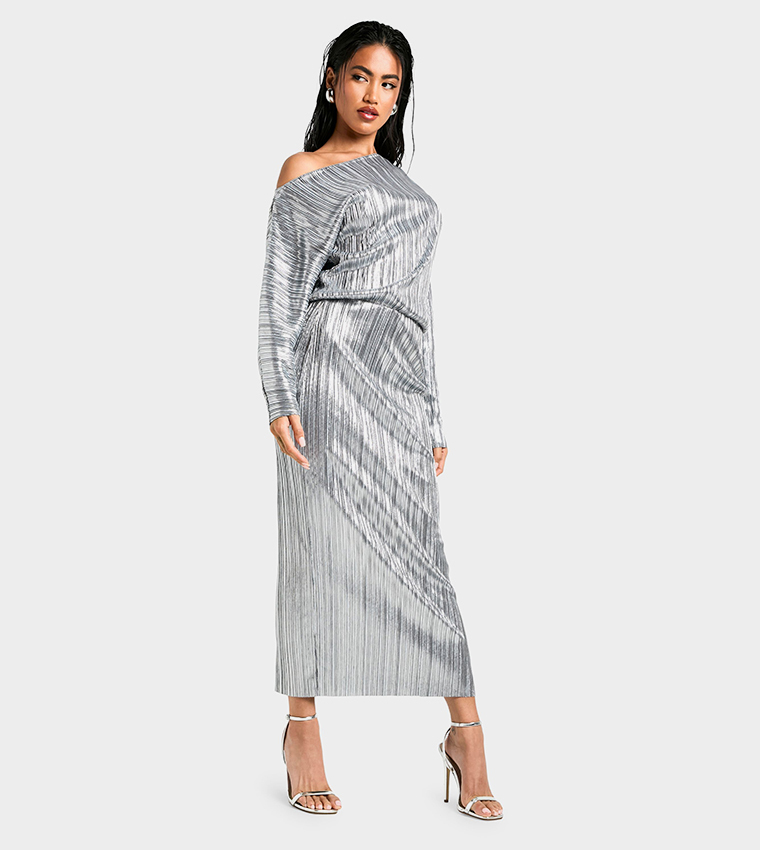 Asymmetric Neck Metallic Foil Maxi Dress