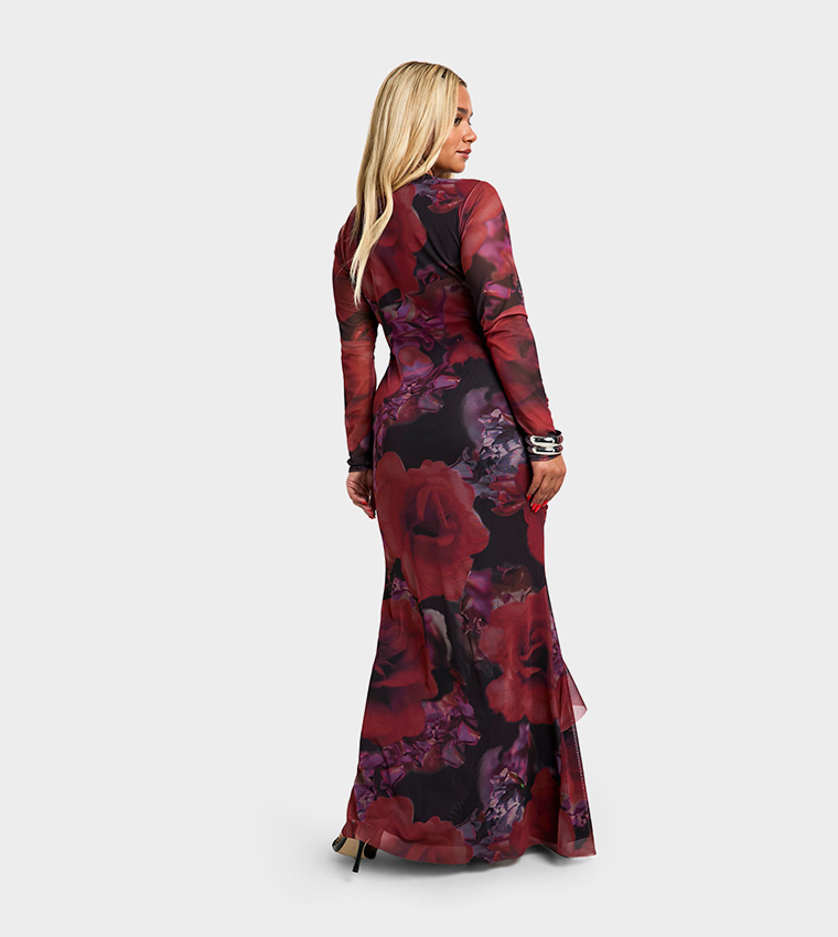 knee length dresses for ladies Ruched Floral Mesh Maxi Dress Large