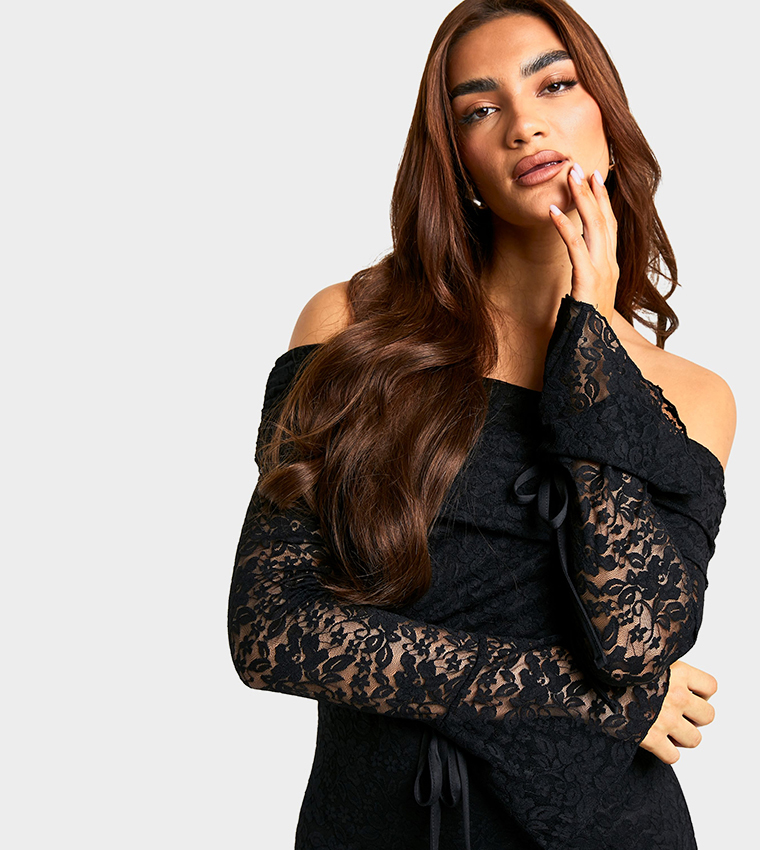 Lace Off Shoulder Flared Sleeves Mini Dress