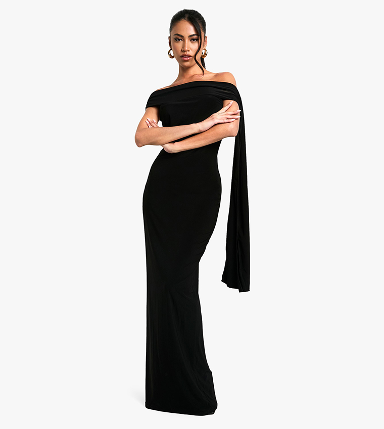 Twist Detail Off Shoulder Drape Maxi Dress
