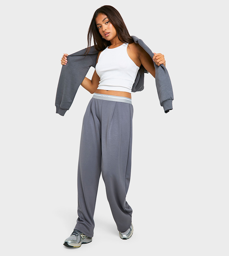 Buy Boohoo Petite Premium Modal Design Tape Pleated Joggers In Grey 6thStreet UAE