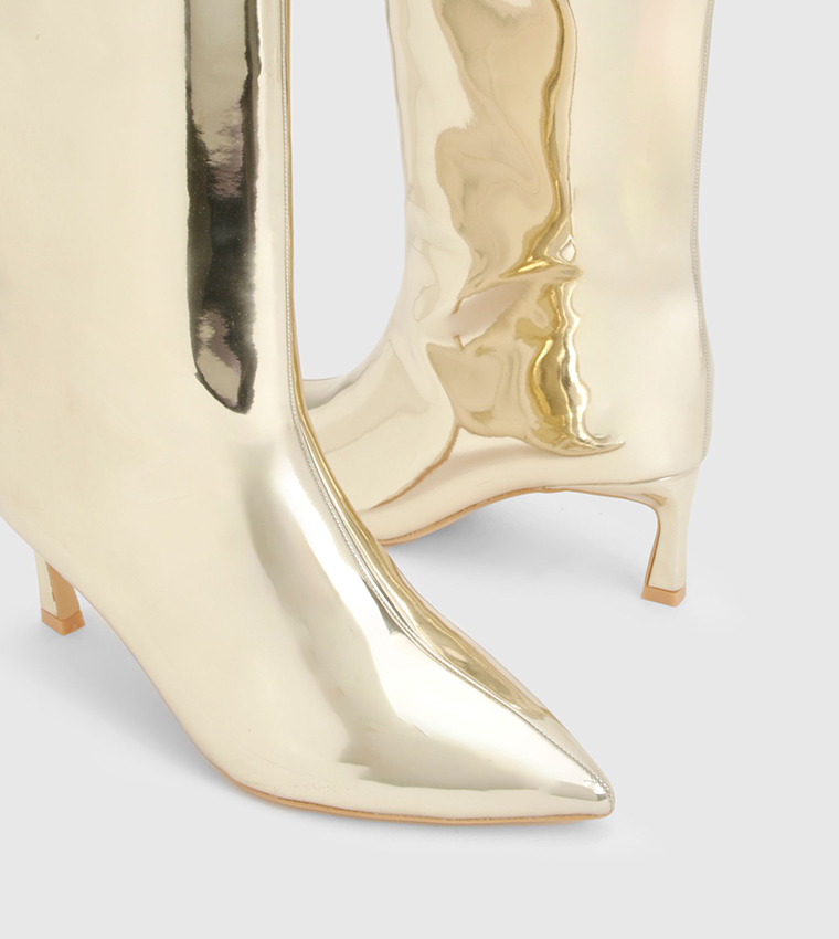 Metallic High Shine Column Calf Length Boots