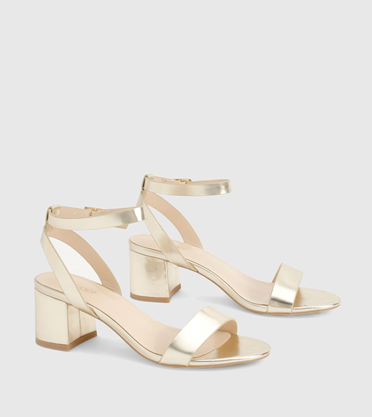 Metallic Ankle Strap Low Block Heel Sandals