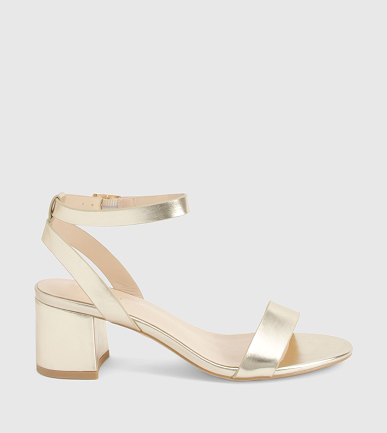 Metallic Ankle Strap Low Block Heel Sandals