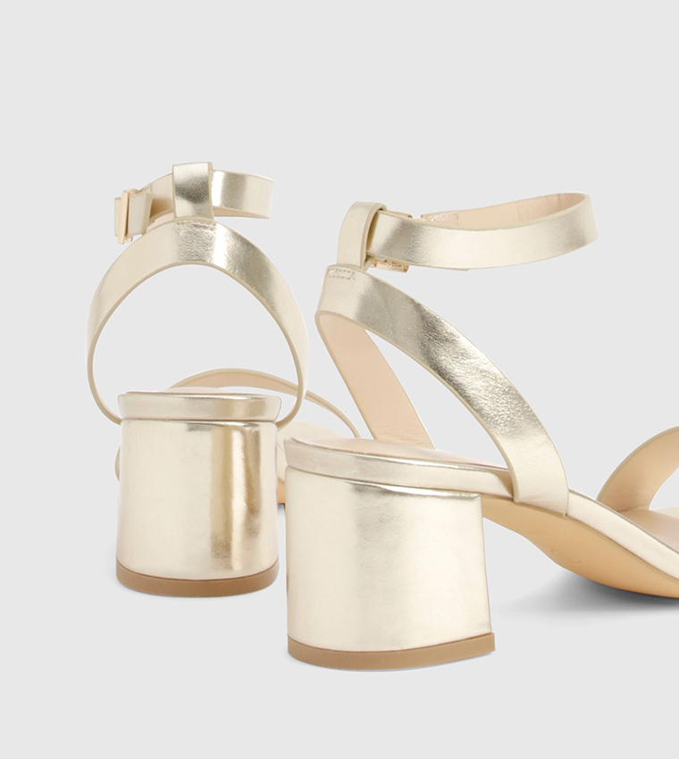 Metallic Ankle Strap Low Block Heel Sandals
