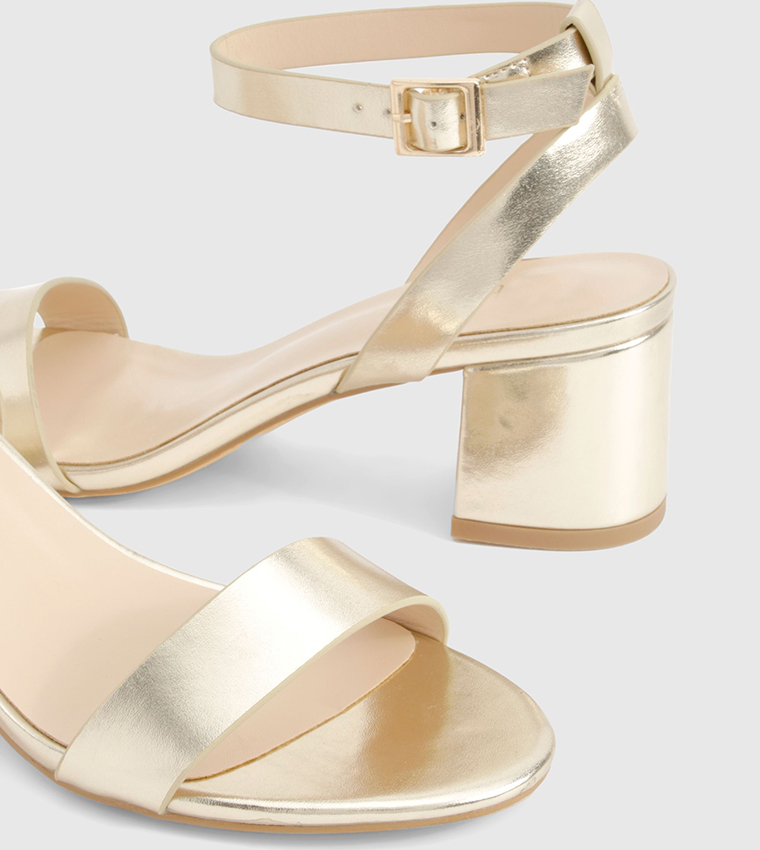 Metallic Ankle Strap Low Block Heel Sandals