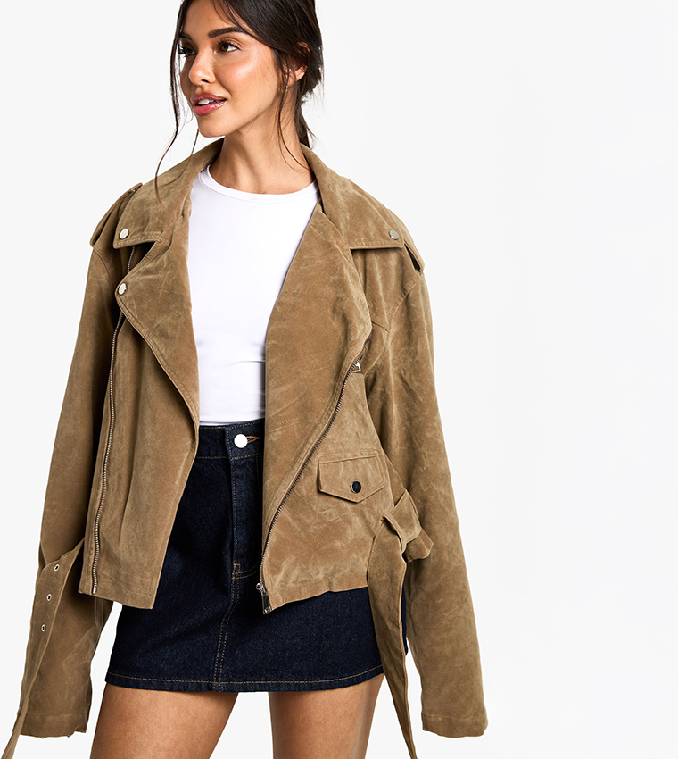 Suede Look Oversized Biker Jacket