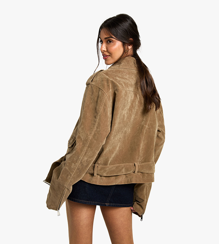 Suede Look Oversized Biker Jacket