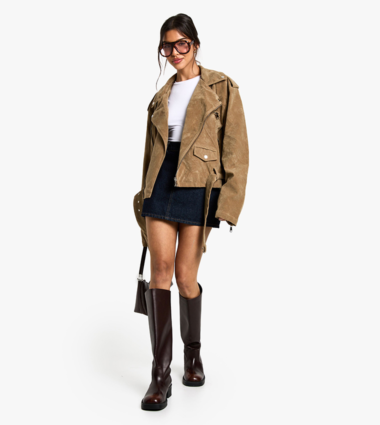Suede Look Oversized Biker Jacket