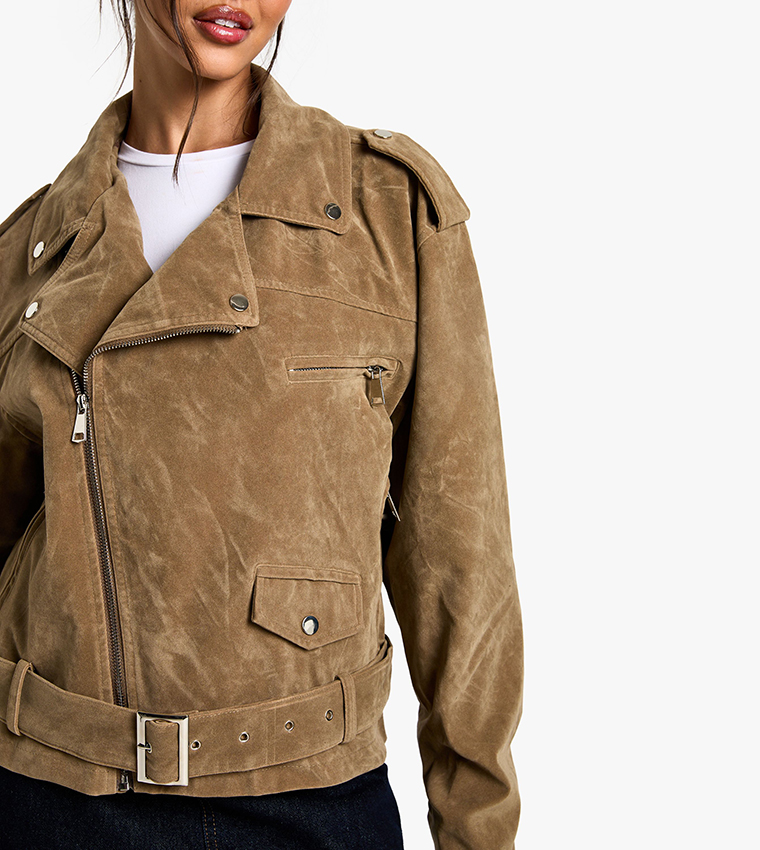 Suede Look Oversized Biker Jacket